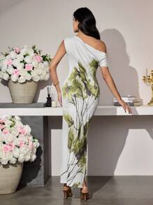 Modelyn 女式长款斜肩花卉印花针织修身优雅别致连衣裙，春夏 - 彩色 - 查看 2