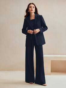 Anewsta 2 件套女士西装套装，Meralda 彩色西装外套和直筒裤 - 藏蓝色 - 查看 6