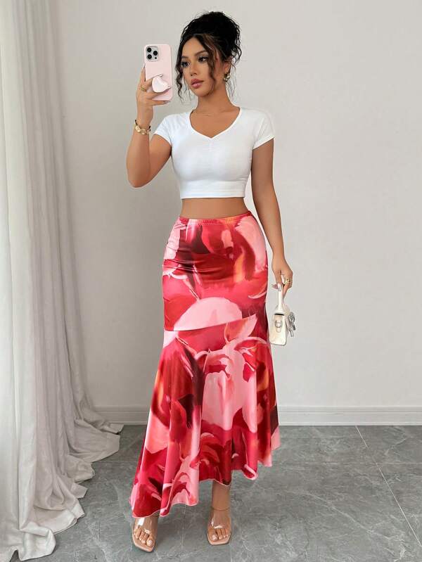 Elenzga Elegant Romantic Ruffle Hem Colorful A-Line Vacation Skirt