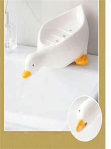 1pc Yellow Duck Shaped Soap Rack,Plastic Material, Suitable For Kitchen Bathroom Countertop Receiving Box, Non-Slip Drain Soap Box Container Bathroom Accessories - White - View 4