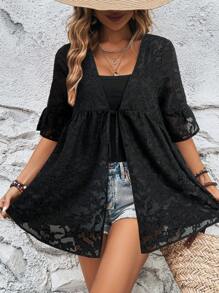 SHEIN LUNE Women Lace Black Short Sleeve Blouse Black Beach Cover Up Lace Kimono Black Summer Top Black Cover Up Black Bathing Suit Cover Up - Black - View 4