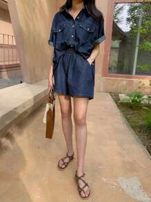 DAZY 女式深色水洗牛仔翻领仿口袋短袖宽松牛仔衬衫和松紧腰牛仔短裤两件套秋冬 - 深色水洗藍 - 查看 8