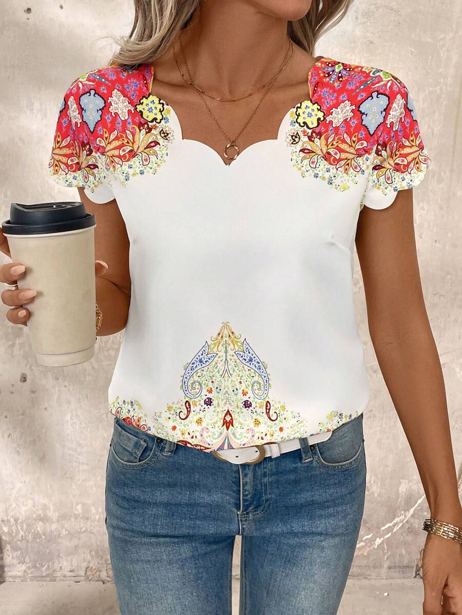 SHEIN Clasi Women's Vacation Casual Retro Printed Short Sleeve Button-Down Shirt - Multicolor - View 1