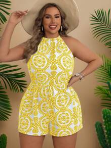 Travachic 大码女式花卉印花挂脖连体裤，休闲度假装 - 黃色 - 查看 5