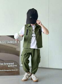 SHEIN Genkimix Kids Young Boy Fashion Cargo Pocket Vest Matched With Letter Print Short Sleeve Tee And Casual Cargo Pants, Comfortable Fabric Suitable For Summer, Cool Outfit For School And Outdoor Wear Summer Holiday - Multicolor - View 3