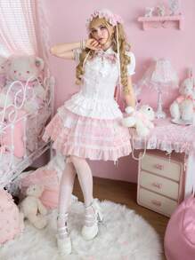 ROMWE Kawaii Blusa Lolita da donna estiva aderente, con decorazione fiocco a contrasto, maniche a palloncino, orlo arricciato a balze