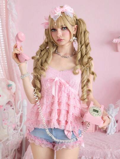 Kawaii Hime Gyaru Style Sweet Lace Patchwork Top For Women
