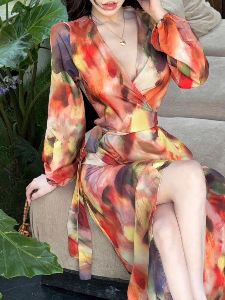 Fall New Vintage High-End Sunset Tie-Dye Design Sexy Elegant Dress For Women Long Sleeve Dress Floral Maxi Dress