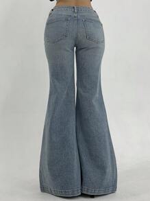 DAZY 女士低腰喇叭牛仔裤，休闲性感纯色简约风格牛仔裤 - 淺色水洗藍 - 查看 6