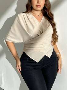 Firerie Plus Women's New Apricot V-Neck Short Sleeve Cross-Tie Blouse, Comfortable Linen-Like Fabric, Tie-Waist Shirt Top, Short Sleeve Blouse, Summer Shirt, Work Shirt, Commuter, Elegant, Casual, Holiday, Beach, Mother's Day, Teacher, Work Uniform Women Summer Woman Summer Formal Women Casual Top Women Summer Sets,Business Casual