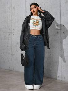 SHEIN PETITE 女式宽松喇叭牛仔裤，带口袋，休闲百搭 - 藍色 - 查看 3