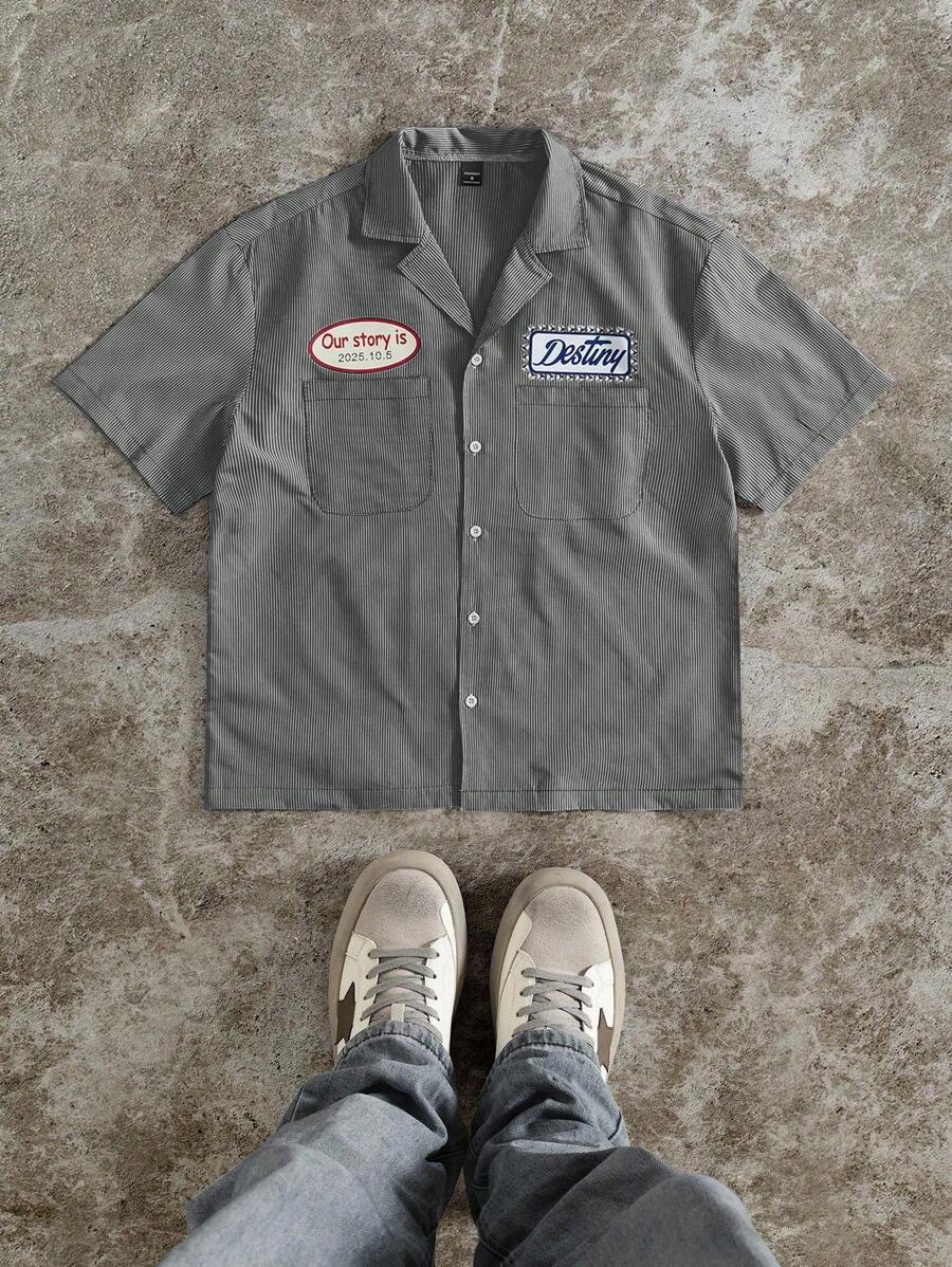 PAVTROS Manfinity Streetrush Men's Casual Striped & Letter Print Short Sleeve Button Up Shirt, Summer,Fashionable Casual, Streetwear, Preppy Style Items, Versatile Collared Button-Down Button Up Shirt, Suitable For A Boyfriend's Gift