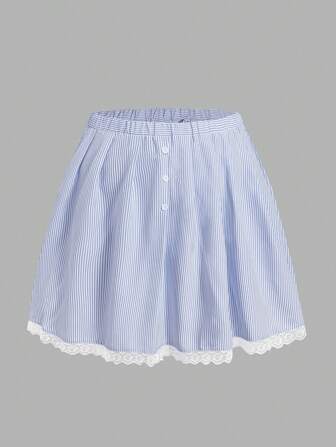 Comfortcana Plus Size Blue Striped Contrast Lace A-Line Casual Daily Pleated Skirt, Summer