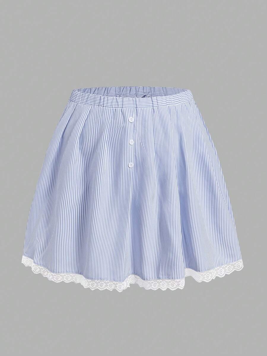 Comfortcana 大码蓝色条纹撞色蕾丝 A 字形休闲日常百褶裙，夏季 - 藍白色 - 查看 1