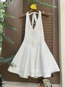 SHEIN EZwear Rochie albă, fără mâneci, fără spate, cu decolteu cu șalț, pentru femei - alb - Vizualizare 3