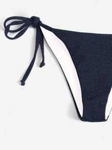 SHEIN Swim 女士蓝色金属光泽面料比基尼泳装，优雅简约的设计，适合音乐节、海滩派对、春夏季 - 藏蓝色 - 查看 2