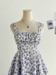 Soleia Women's Holiday Yellow Rose Print Multi-Tier Cake Dress, Casual Maxi Dress For Afternoon Tea, Wedding Season Blue Floral Dress Cottagecore Dress Blue And White Floral Dress Tiered Floral Dress Floral Sundress - Multicolor - View 6