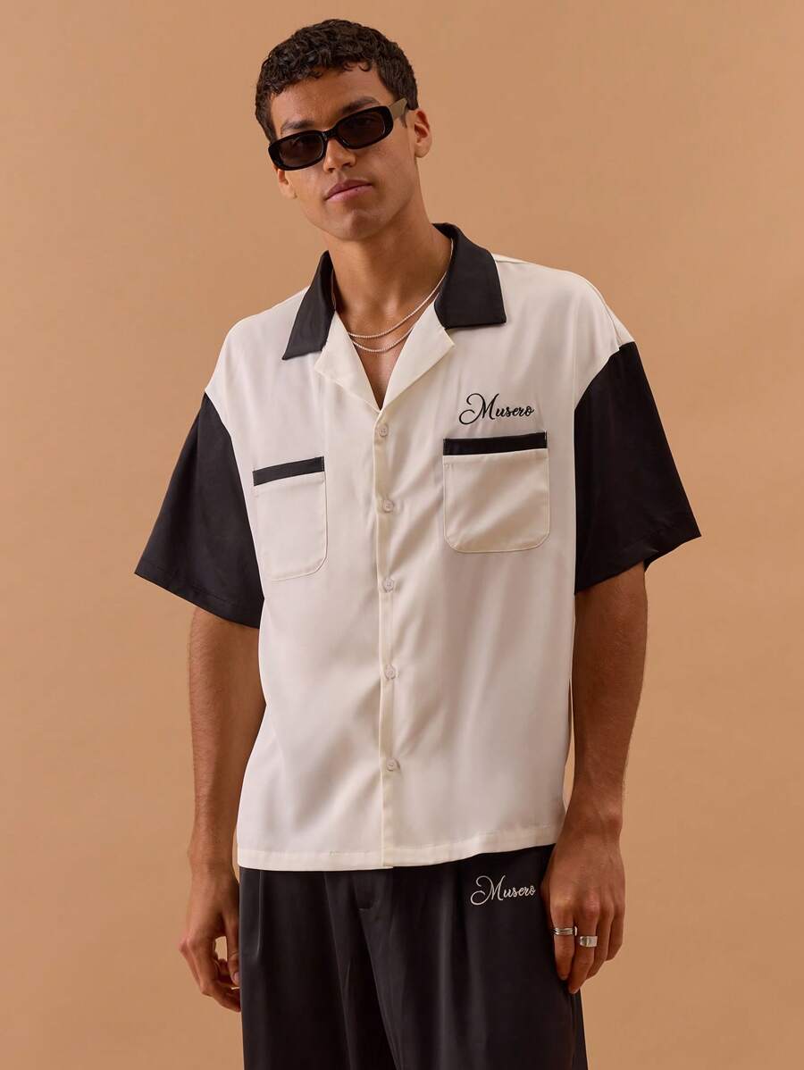 Musero Satin Two Tone Slogan Pocket Detail Button Up Shirt Spring, Summer, Holiday, Vacation - Black and White - View 1
