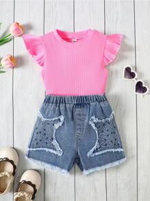 SHEIN 2pcs/Set Young Girl Casual & Simple Comfy Round Neck Ruffle Hem Sleeveless Top And Jeans Pants Set - Pink - View 1