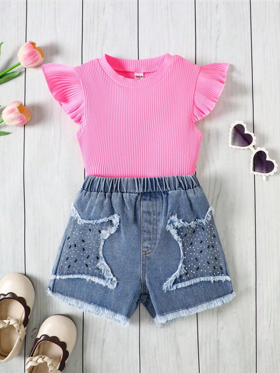 SHEIN 2pcs/Set Young Girl Casual & Simple Comfy Round Neck Ruffle Hem Sleeveless Top And Jeans Pants Set - Pink - View 1