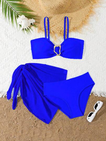 3件套女童夏季度假纯色比基尼套装