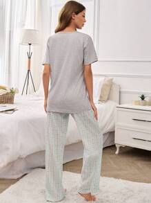 Conjunto de pijama de 2 piezas para mujer con camisa de manga corta con estampado de mariposa y pantalón a cuadros