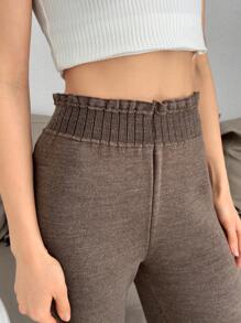 EURMUSE Women Solid Color Drawstring Detailed Wide Leg Sweater Pants,Burgundy Trousers - Brown - View 6