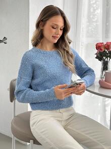 EURMUSE Women Round Neck Baby Blue Cozy Sweater Blue Sweater Womens Sweater Womens Pullover Womens Jumper Pullover Sweater Light Blue Sweater,Jumpers,Women's Jumpers,Winter Clothes - Baby Blue - View 4