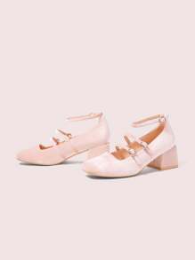 CUCCOO DOLLMOD 莲藕粉色韩版仿皮草玛丽珍粗跟方头时尚女士高跟鞋 - 藕粉色 - 查看 6