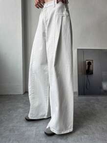 DAZY Quần ống rộng màu trơn, xếp nếp, chắp vá, thường ngày, đa năng, màu trắng, mặc được mọi mùa thu - trắng - Xem 7