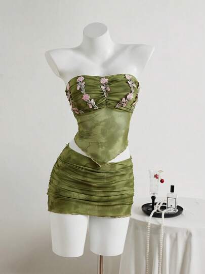 Elamini 2pcs/Set Casual Vacation 3D Floral Ruched Top & Skirt Set, Spring/Summer