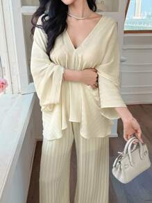 DAZY 2pcs/Set Women Summer V-Neck Ruffle Trim Blouse And Loose Casual Long Pants Leisure Outfit,Back To School Clothes