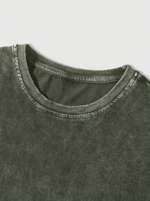 ROMWE MEN Summer Casual Men'S Casual Washed Round Neck Short Sleeve T-Shirt, Summer, 2000S Style - Army Green - View 3