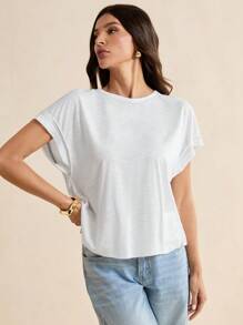 SHEIN Tall White Knitted Open Back Ladies Short-Sleeved T-Shirt - White - View 2