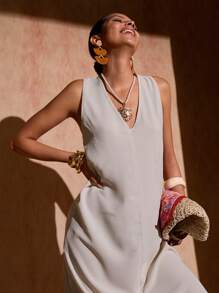 Bóhologie Vestido largo beige para mujeres, cuello en V, vestido casual para primavera y verano