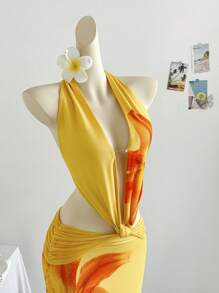 Soleia Bohemian Tropical Elegant Bowknot Strap Hollow Out V-Neck Orange Knit Print Long Dress, Casual For Beach, Wedding Guest, Graduation, St. Patrick's Day, Spring Break, Easter, Music Festival Sunset Dresses Long Yellow Dress Yellow Satin Dress Yellow Formal Dress Yellow Church Dress - Multicolor - View 6