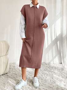 EURMUSE Solid Button Detail Batwing Sleeve Sweater Dresss - Dusty Pink - View 5