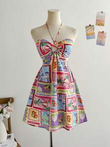 Soleia 女士度假多色海景印花露背领抽绳镂空腰波西米亚风格撞色沙滩裙，适合派对、度假、音乐节、节日约会、下午茶、海滩 - 彩色 - 查看 3