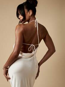 MISSGUIDED 优雅露背长款晚礼服，带围脖领口，高开叉露背设计，适合婚礼宾客场合、正式派对、舞会 - 杏色 - 查看 6