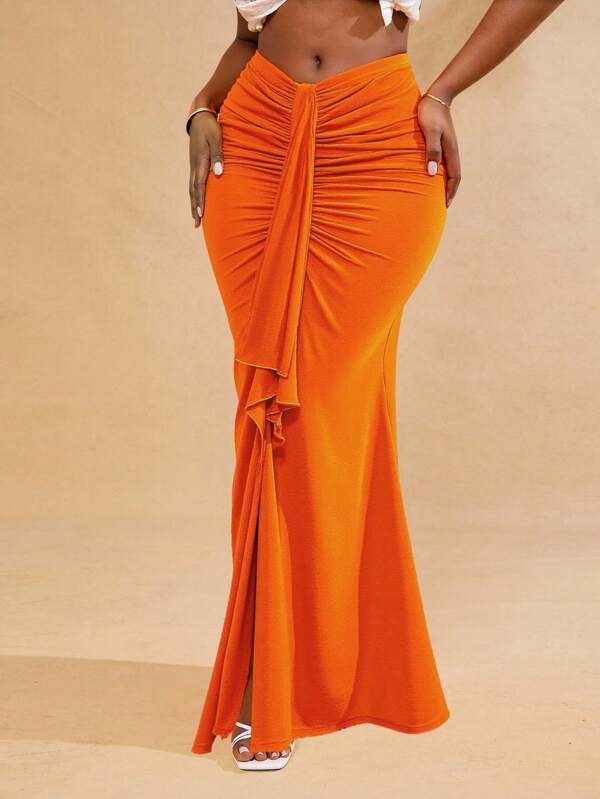 SHEIN SXY Plus Size Women's Spring&Summer Elegant Sexy Low Rise Ruched Flowy Slim-Fit Skirt,Suitable For Everyday Wear,Wedding ,Banquet Coming Of Age Ceremony ,BOHO,Bohemian,Outing,Beach Vacation,Holiday,Seaside,Western Wear,Music Festival,Concert,Carnival Party,Richly Layered,Date Night