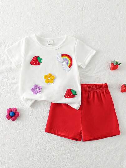 SHEIN Playful Pals 女婴可爱圆领多3D贴片松紧腰短袖短裤套装，夏季