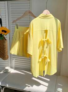 Comfortcana Set de 2 piezas con top corto y shorts en color liso con lazo decorativo y espalda descubierta para mujer - Amarillo - Ver 7