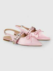 ROMWE Kawaii 优雅时尚休闲尖头平底鞋，哥特风格丝绸材质蝴蝶结装饰粉色平底鞋，适合派对、日常穿着、晚礼服 - 粉色 - 查看 1