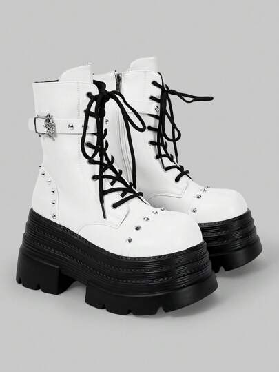 Grunge Punk Women's Multi-Layer Platform Round Toe Dark Punk PU Black Mid-Calf Boots, Everyday Street Punk Campus Style