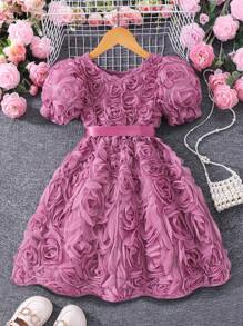 Glamorique Kids Girls Solid Color Puff Sleeve 3D Flower Decor Elegant Dress With Belt, Summer
