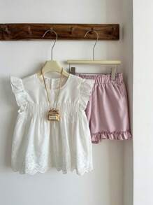 SHEIN Vintaside Kids Modisches Mädchen Sommer Set mit rundem Kragen weißem Ärmellos-Top und passendem minimalistischen rosa Shorts