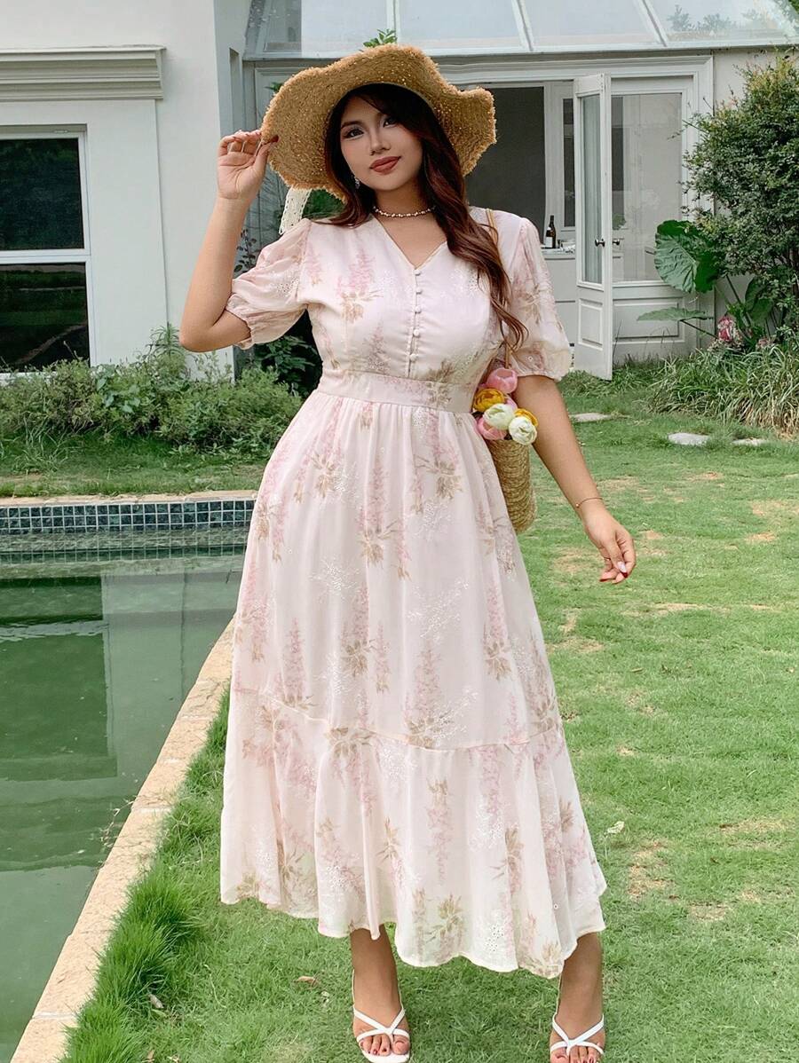 Dazy Plus V-Ausschnitt Knopf Dekor Puffärmel taillierte lange elegante Sommerkleid