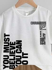 SHEIN 2 pièces/Ensemble T-shirt à manches courtes imprimé de lettres simple et décontracté avec short pour garçons, tenue d'été