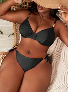 Slaydiva 大码女式两件套纯色钢圈圆珠性感简约高腰三角泳裤分体比基尼休闲度假泳衣套装 - 黑色 - 查看 6