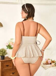 SHEIN Swim Curve Große Größen 2-teiliges Set aus Jacquard Kleid mit Seitenbindung & Shorts, Damen Strandurlaubsstil, Frühling/Sommer - Aprikosenfarben - Übersicht 2